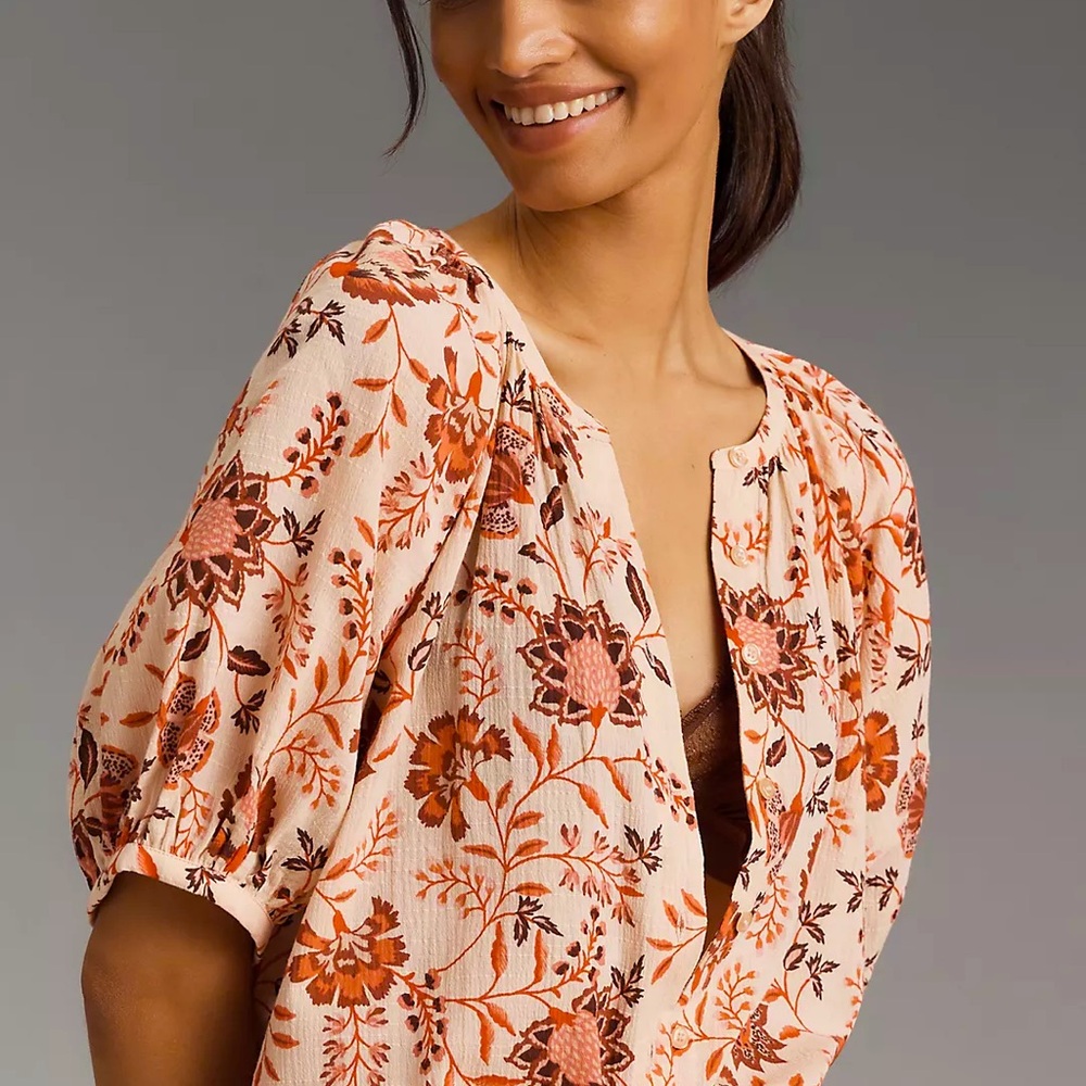Sanctuary Floral Bubble Sleeve Button Front Blouse 100% Cotton Boho Top Small